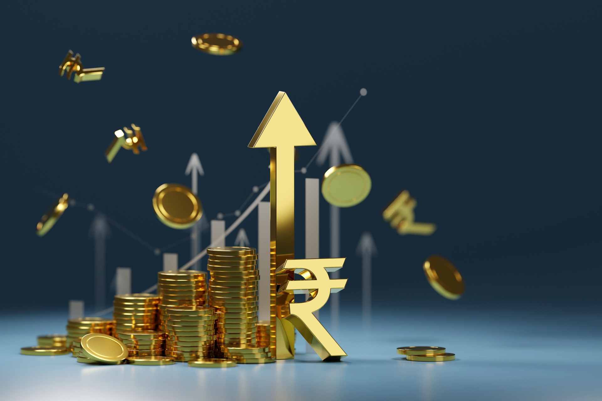 3D rendering Indian Rupee sign, indian rupee sign and golden coin with arrow pointing upwards background, Financial and banking about house concept, Investment and financial success concept background.